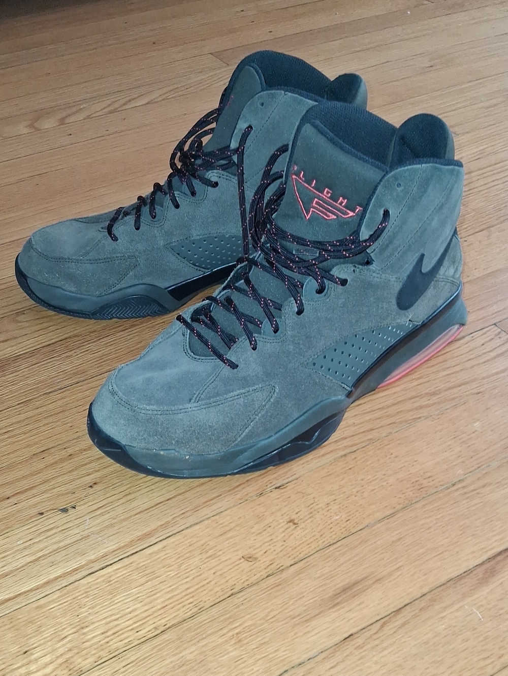 Nike Flight High-Top Suede Sneakers - Olive Green/Black with Red Accents